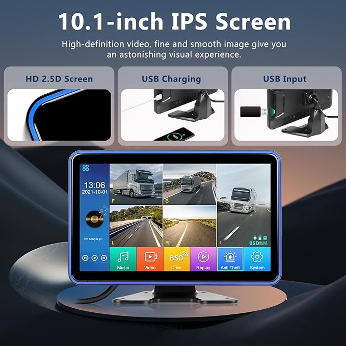 Hodozzy Backup Camera Monitor System,10.1 Inch IPS Reversing Monitor, 5 Split Screen with Five Waterproof Camera,IP68 Waterproof,Night Vision, Hard-Wired Backup Camera for Trucks/Bus/Trailer/RV