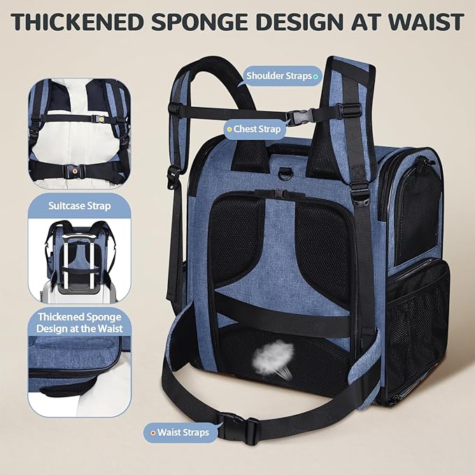 Petskd Expandable Pet Backpack Carrier 16.5x14.5x11 Inches for Small Dogs and Medium Cats,Portable Dog Cat Backpack Carrier for Hiking,Vet,Travel(Blue)