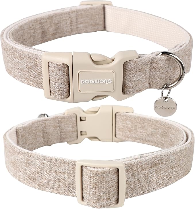 DOGWONG Cotton Hemp Dog Collar, Heavy-Duty Khaki Dog Collar Adjustable Soft Natural Fabric Pet Cute Wedding Puppy Necklace for Small Medium Large Dogs