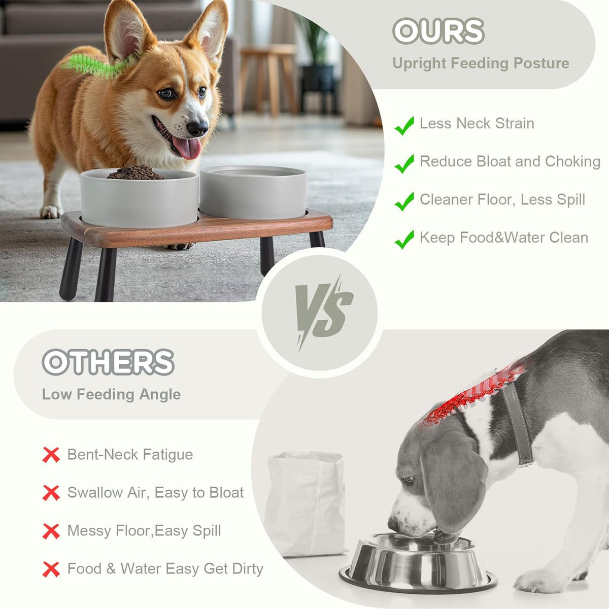 SPUNKYJUNKY Ceramic Elevated Dog Bowls Raised with Acacia Bamboo Wooden Stand, 6.1'' Dog and Cat Food Water Bowls Set Non-Slip for Small Medium Sized Breed Microwave Dishwasher Safe - 28.7 OZ,Grey