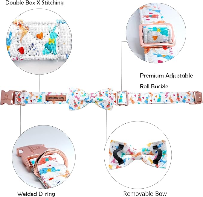 Lionheart glory Easter Dog Collar with Bow Tie Rabbit Print Dog Collar Girl or Boy Soft Durable Adjustable Collar Bows Spring Collar Dog Bow for Large Dogs