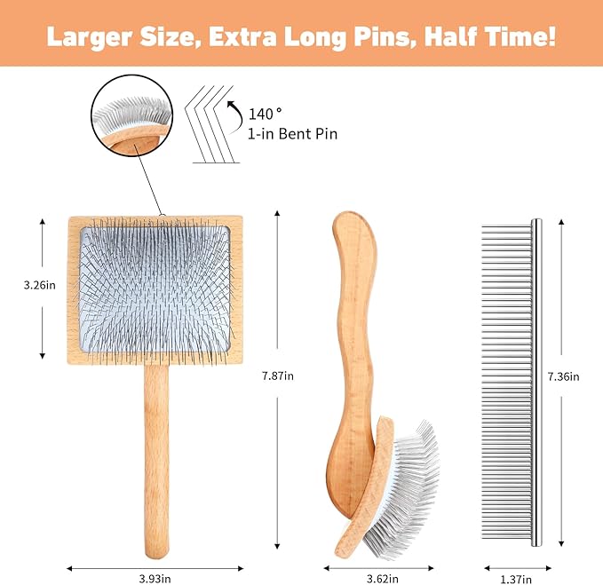 Dog Slicker Brush for Shedding and Grooming Medium or Long Haired Cats, Extra Long & Soft Pin Slicker Brush for Removes Loose Hair, Tangles, Knots, Undercoat, Free Pet Comb, Large, Oak