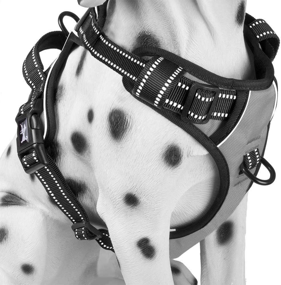 PoyPet No Pull Dog Harness, Reflective Comfortable Vest Harness with Front & Back 2 Leash Attachments and Easy Control Handle Adjustable Soft Padded Pet Vest for Small to Large Dogs (Gray,M)