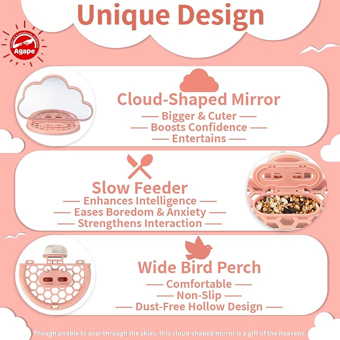 Agape Bird Mirror for Cage， Bird Toys with Perch and Slow Feeder to Expend Energy, Small Parrot Swing, Interactive Toys for Cockatiel, Lovebird, Parakeet, Conure, Finch, and Budgies