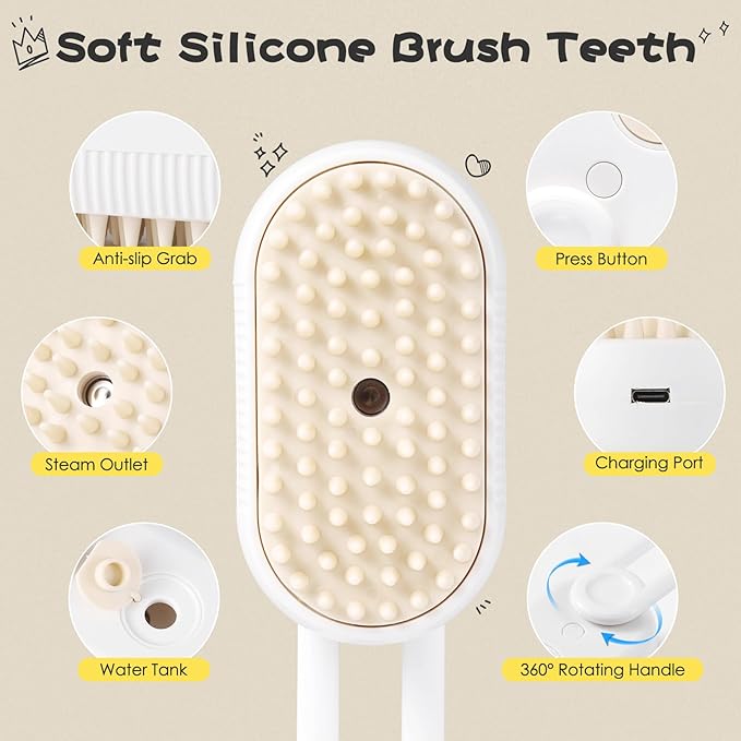 Cat Steam Brush, 3 in 1 Self Cleaning Steamy, Spray Silicone Massage Comb, Hair Removal Tool with Handle Multifunctional Grooming Brush for Cats Dogs