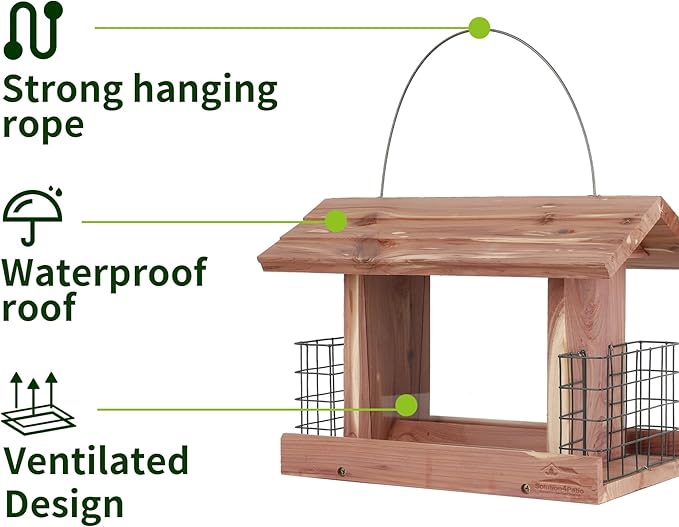 Solution4Patio US Cedar Hopper Bird Feeder for Outdoors Hanging, Handcrafted Wood Double Suet Cage & Clear View Windows, Squirrel-Proof Wild Bird Feeder for Cardinals, Finches, Chickadees