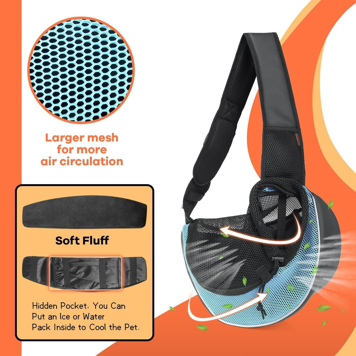 YUDODO Pet Sling Carrier for Small Dogs & Cats – Hands-Free Puppy Carrier with Safety Hook, Large Zipper Pocket, Soft Breathable Mesh, Adjustable Strap & Reflective Strip (Cyan 3.0 S)