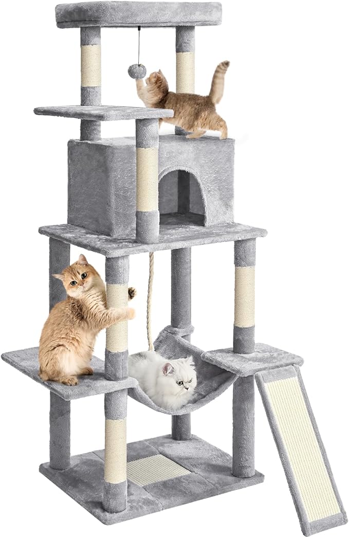 Cat Tree Tower 63in Multi-Level Cat Tower for Indoor Cats with Sisal Scratching Posts, Condo, Hammock, Dangling Ball and Extended Platform for Cats to Play, Light Grey
