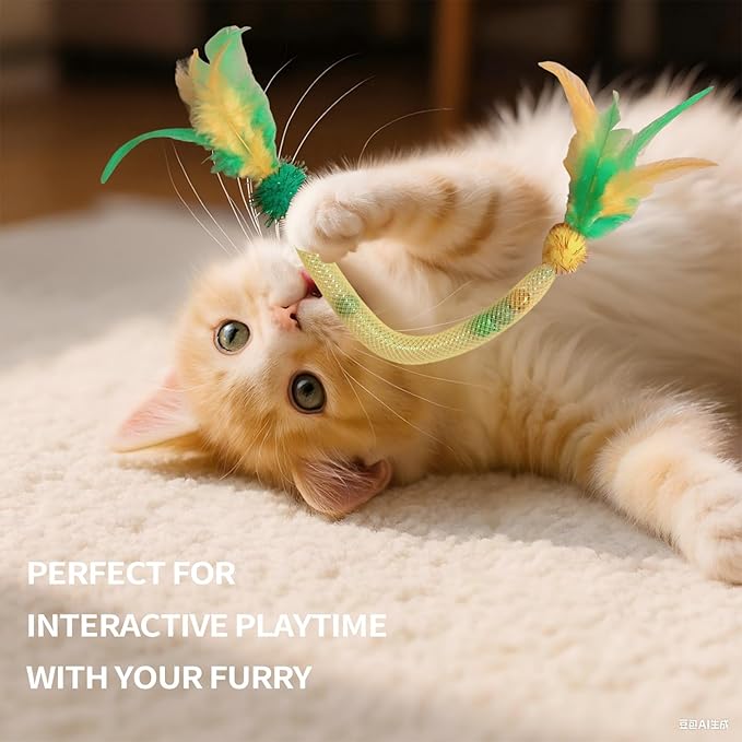 Cat Toys for Indoor Cats with Catnip – 3 Pack Feather Elastic Mesh Chew with Pom-Pom Cat Toys, 19.5 Inch Durable Kitten Teething Cat Toy Bundle with Bells
