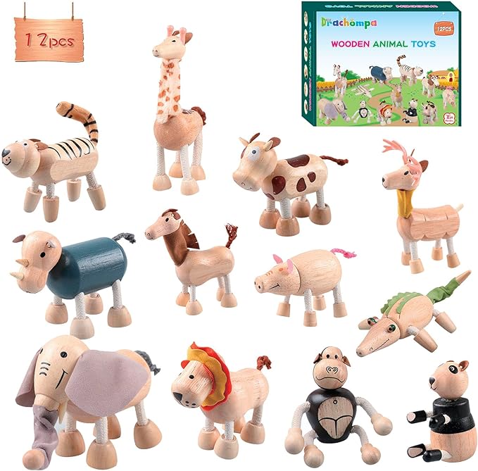 12PCS Bendable Wooden Animal Toys, Fun and Posable Animal Toys for Early Education, Smooth Natural Wood, Safari Farm Wood Animals Learning Toy for Kids