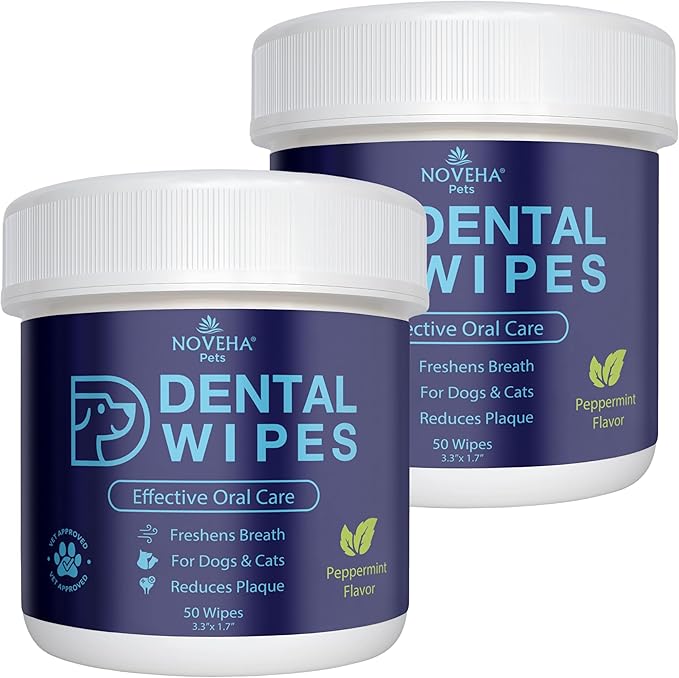 NOVEHA Pets Dental Finger Wipes for Dogs & Cats | Freshens Breath, Reduces Plaque | Healthier Gums | Clean Teeth No Toothbrush | Vet Recommended Effective Natural Oral Care (100 pcs, Mint)