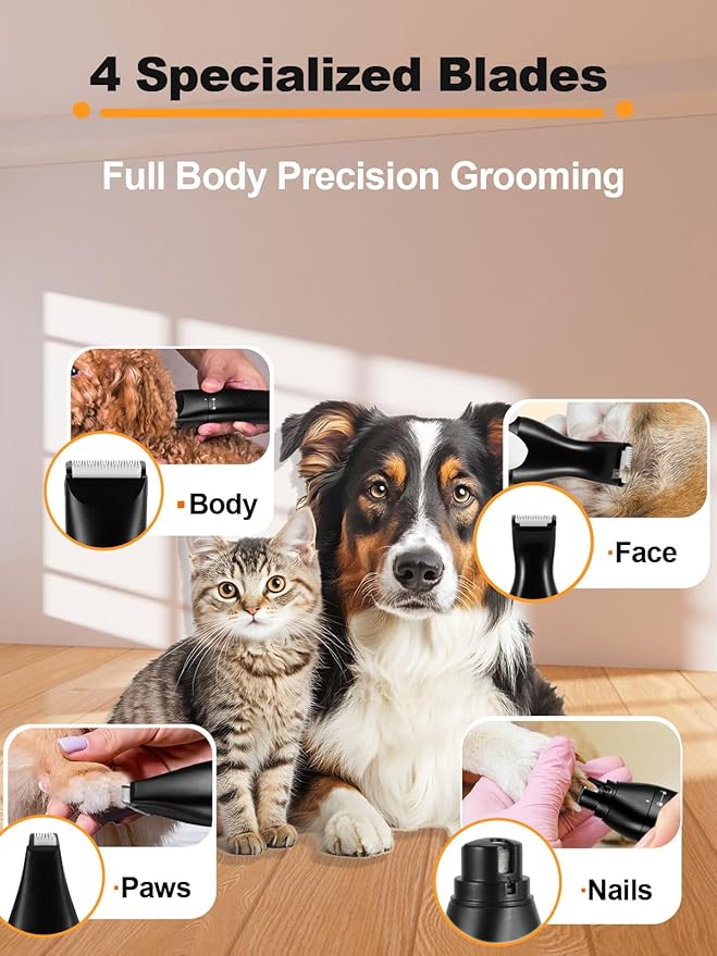 Dog Grooming Clippers 4 in 1 Pet Grooming Kit,2-Speed Cordless Dog Clipper with Nail Grinder,USB-C Rechargeable Paw Trimmer for Small Pets, Dogs, Cats