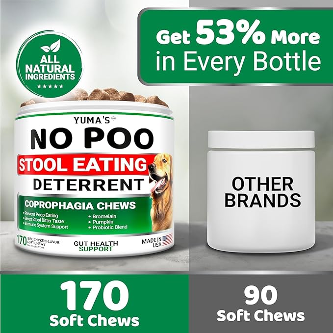 YUMA'S No Poo Chews for Dogs - 170 Count - Coprophagia No Poop Eating Deterrent for Dogs - Stop Eating Poop for Canine - Gut Health - Probiotics & Digestive Enzymes Supplement - Made in USA