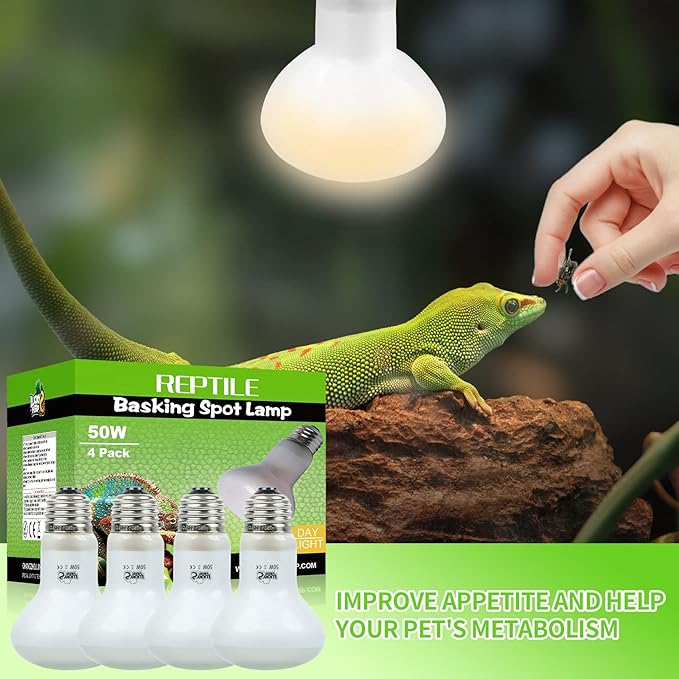 LUCKY HERP 4 Pack 50W Reptile Heat Lamp Bulb (2nd Gen), Amphibian Basking Light Bulb, Reptile Daylight Bulb for Turtle, Bearded Dragon, Lizard Heating Use