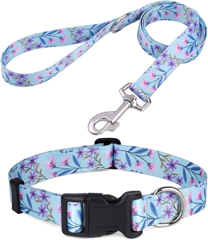 Dog Collar and Leash Set with Bohemia Floral Tribal Geometric Patterns - Soft Ethnic Style Collar Adjustable for Small Medium Large Dogs(Pink + Purple Floral Set,S)
