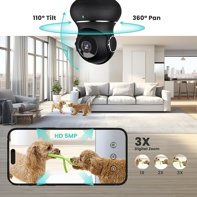 litokam 5ghz Indoor Security Camera, 5MP Cameras for Home Security with 5G/2.4G Dual-Band, Pet Cam with Phone App, AI Motion/Cry Detection, 360° Auto Tracking, Night Vision, Support NVR/Alexa