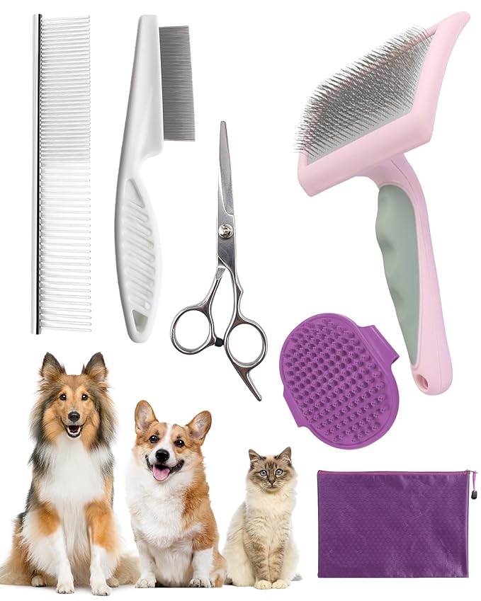 Dog Brush for Shedding Grooming,6 Pack Long-Pin Brush Set for Long Haired Dog Cat Goldendoodles Poodles Doodles Purple