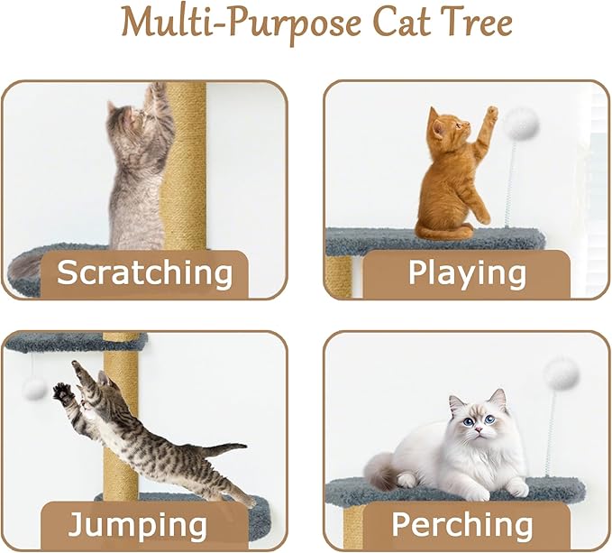 Wall Mounted Cat Wall Shelves and Climbing Tree for Kittens, 4-Tier Adjustable Cat Furniture for Indoor Cats Under 30lbs, with Grey Plush Platforms
