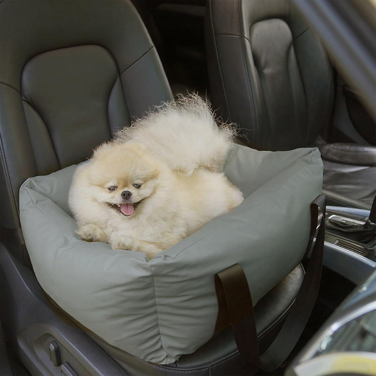 Dog Car Seat for Small Dogs, Large Leather Dog Car Bed with Storage Pocket, Waterproof PVC Leather Booster Seat Travel Bed for Front & Back Seat, Clip-On Safety Leash (Black/Grey)