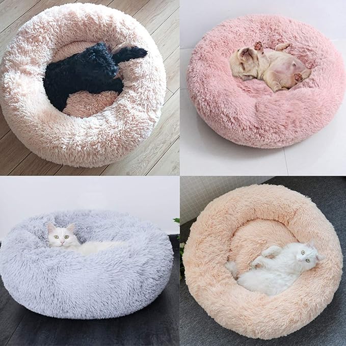 huraty Pet Dog Bed Plush Calming Bed, Fluffy Donut Round Pet Beds for Small Medium Large Dogs Cats, Anti-Slip & Anti-Anxiety, 28 Inch for Puppy and Kitties, Wine Red, L
