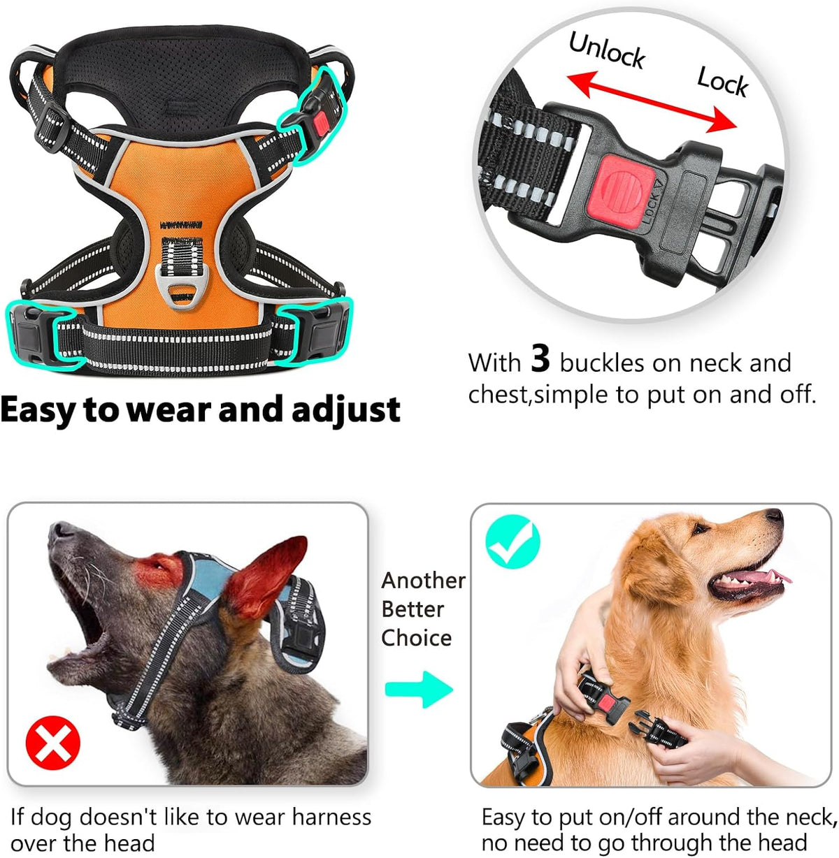 Timos Dog Harness Large Sized, No Pull with Neck Lockable Snap,No Choke Front Clip Dog Reflective Harness,Adjustable Metal Rings 3 Buckles,Easy Control Handle for Large Dogs Orange XL