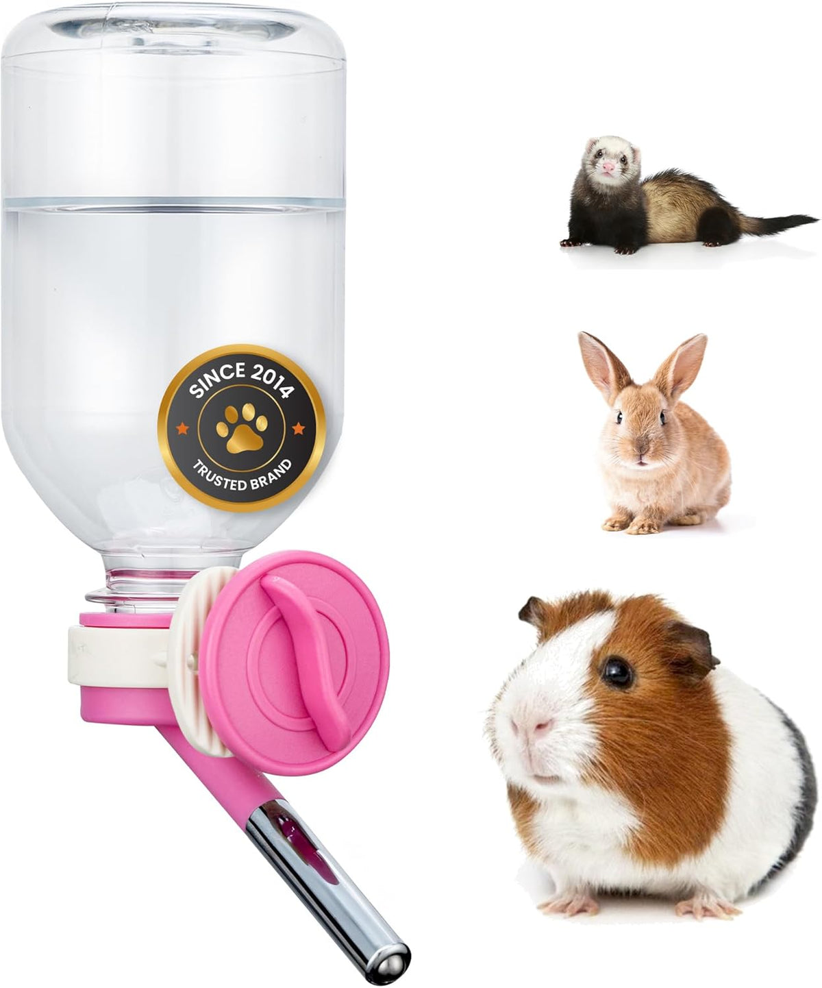 Choco Nose Patented No-Drip Water Bottle/Feeder for Guinea Pigs/Hamsters/Bunnies/Ferrets/Other Small Pets, Critters and Animals -for Cages, Crates or Wall Mount. 10.2 oz. Nozzle 10mm, Pink (C128)