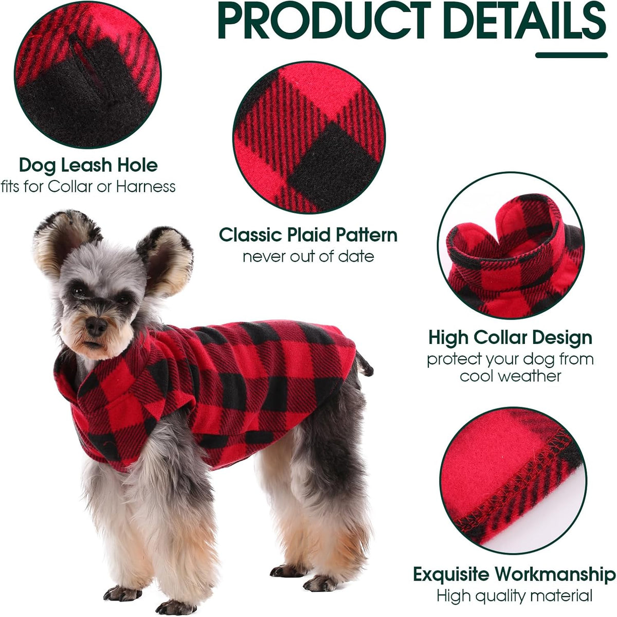 Kuoser Dog Fleece Vest,Warm Plaid Dog Sweater with Leash Hole,Soft Turtleneck Winter Pet Jacket Dogs Coat Pullover Clothes for Small Medium Dogs Cats,Spring Fall Cold Weather Christmas Outfit,Red XXS
