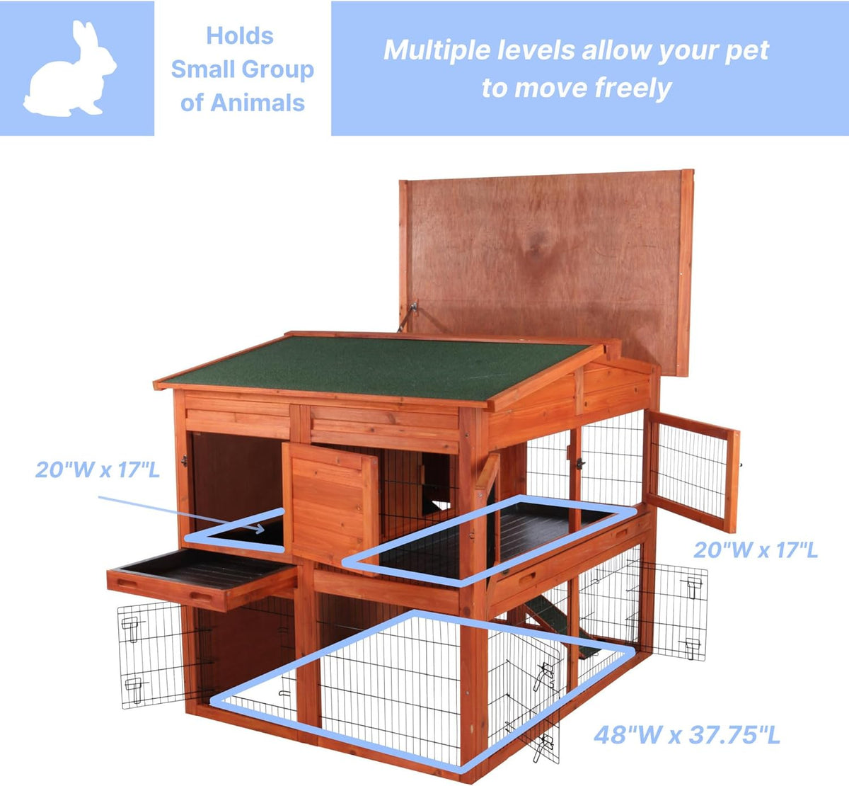 TRIXIE natura Outdoor Deluxe Rabbit Hutch with Run - Large 2-Story Rabbit Cage with Non-Slip Ramp - Elevated Small Animal House with Secure Playpen, Hinged Roof & Two Pull-Out Trays - in Natural