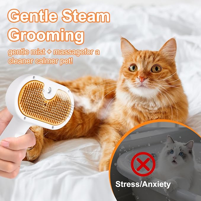 Cat Steam Brush, Pet Steam Brush for Cat & Dog, Mist Spray Comb, Spritz Defur Tool, Water Grooming Kit, Dog Hair Removal Steam Cleaner with Release Button-Contains 2*shampoo
