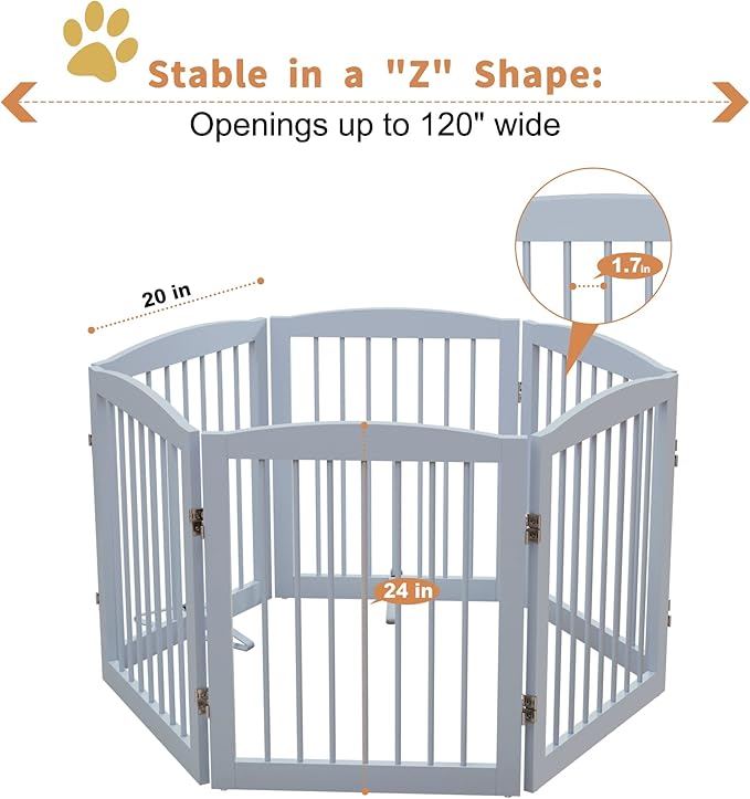 Freestanding Pet Gate for Dogs, Foldable Wooden Dog Gate for House, Extra Wide Indoor Pet Barrier for Stair, Doorway, Hall, Support Feet Included, 120 Inch Wide, 6 Panels 24", Grey