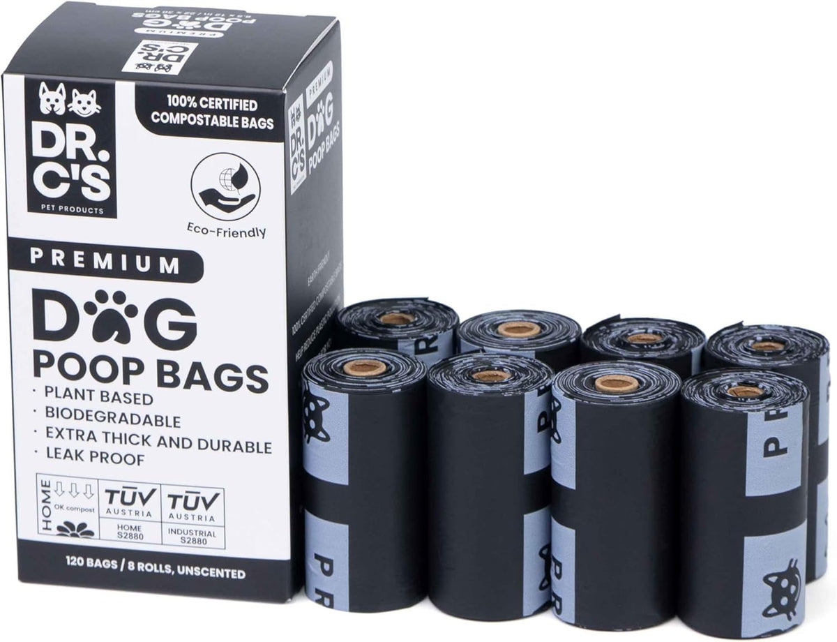 100% Certified Compostable Dog Poop Bags - Dr. C's Premium Dog Poop Bags - 120 Bags / 8 Rolls, Extra thick, Leak Proof, Unscented, Plant Based and Earth Friendly