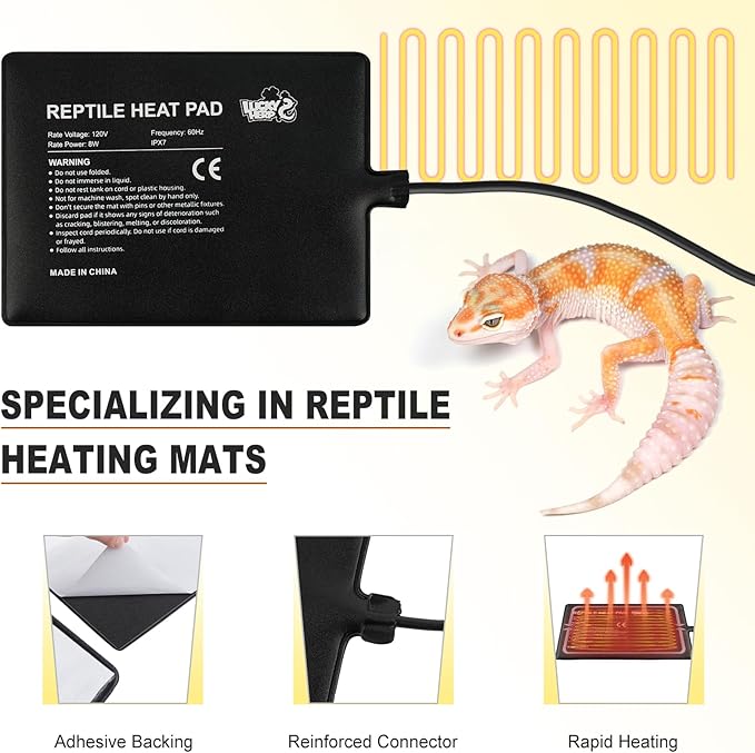 LUCKY HERP Reptile Heat Pad 6x8 Inch 8W Under Tank Terrarium Heating Mat, Reptile Heat Mat, Reptile Heating Pad for Turtle, Lizard, Hermit Crab, Frog, Snake