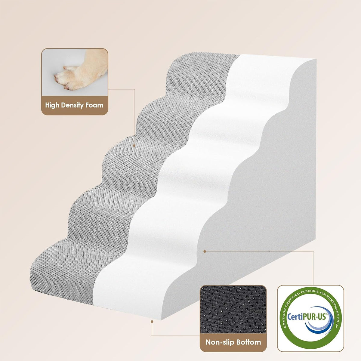 EHEYCIGA Curved Dog Stairs Ramp for High Beds, 5-Step Extra Wide Dog Steps for Small Dogs and Cats, Pet Stairs for High Bed Climbing, Non-Slip Balanced Pet Step Indoor, Light Grey