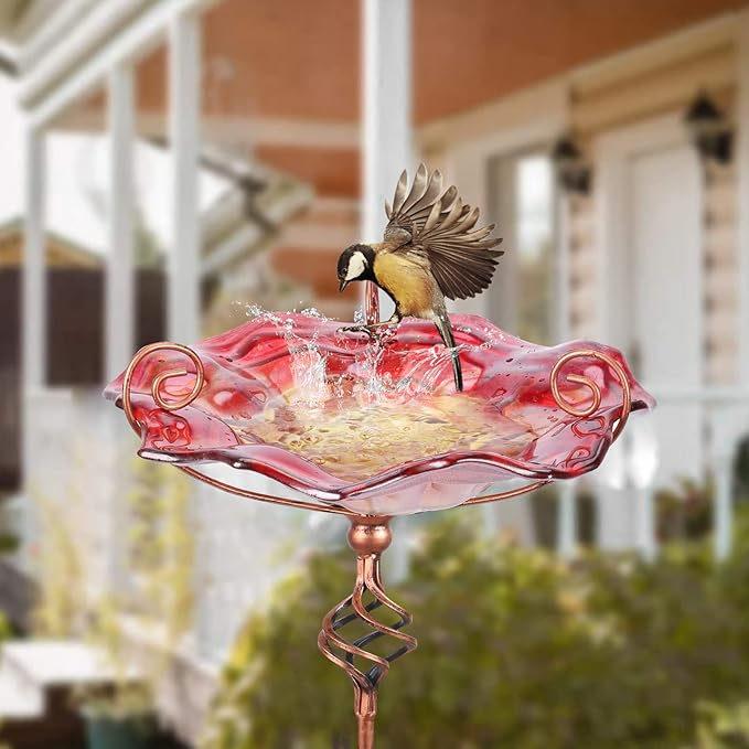 VCUTEKA Bird Bath, Glass Bird Baths for Outdoors Birdfeeder with Metal Stake Birdbath Garden Decor, Red