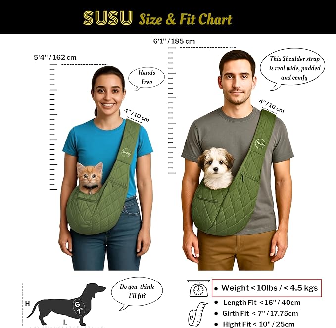 Small Dog Carrier Sling – Olive Green Hands‑Free 2‑in‑1 Sling & Handheld Carrier for Dogs up to 10 lbs, Parachute‑Grade Rip‑Stop Nylon, 4″ Padded Strap, Safety Tether & Pockets