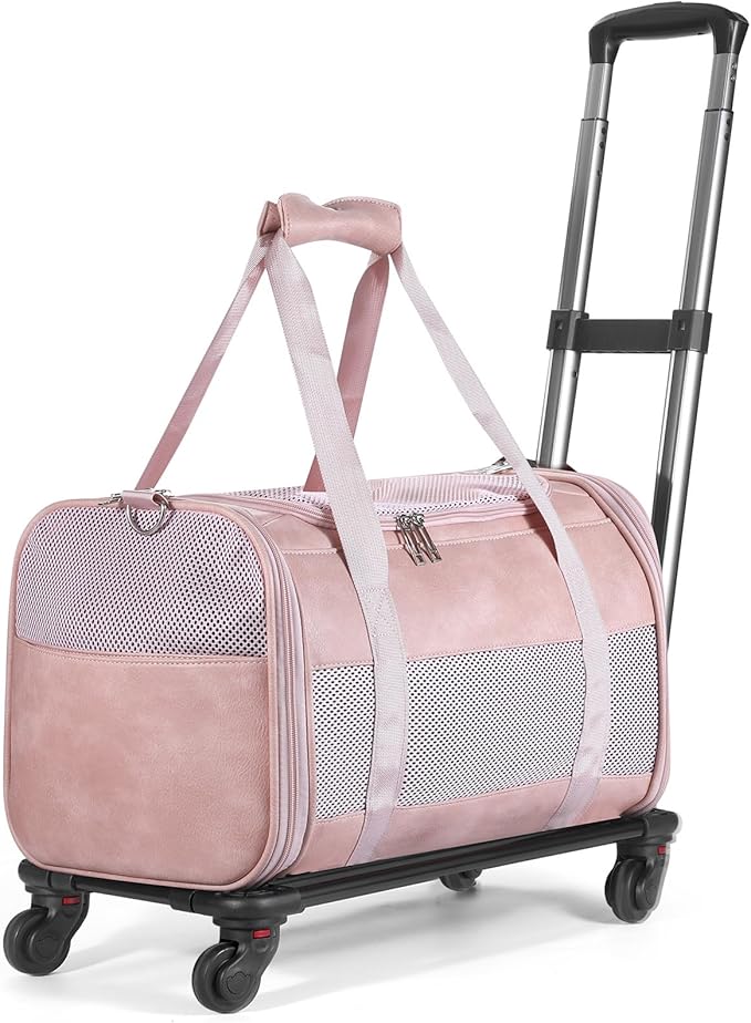 Airline Approved Pet Carrier with Wheels, Rolling Soft Sided Dog Cat Travel Bag, Premium Fashion Leather Small Pet Carrier Purse for Puppies and Cats Pink