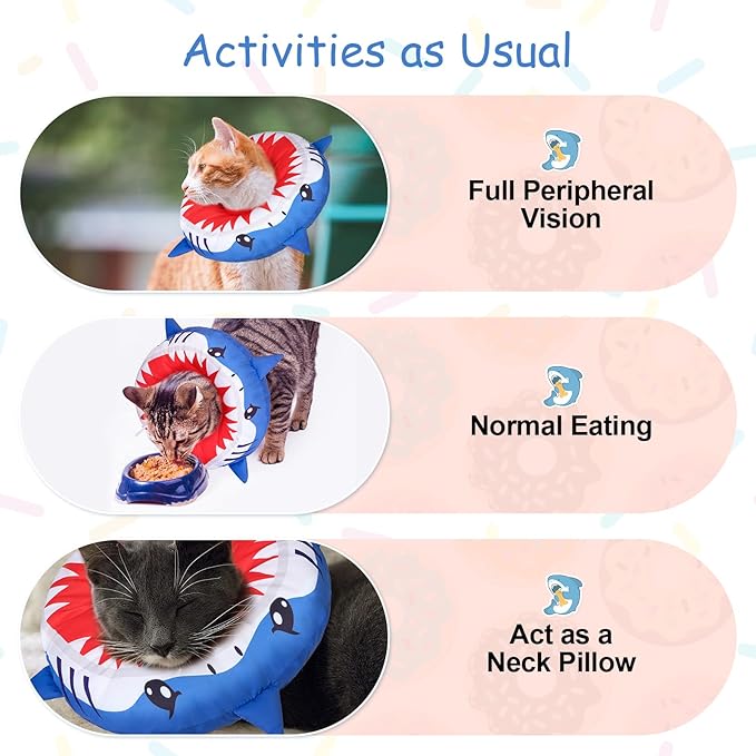 BEAUTYZOO Cat Cone Collars Soft, Cat Recovery E Collars After Surgery to Stop Licking, Adjustable Elizabeth Circle Collar Cute Pet Donut Pillow for Cats Kitten Small Dogs,Cute Shark M