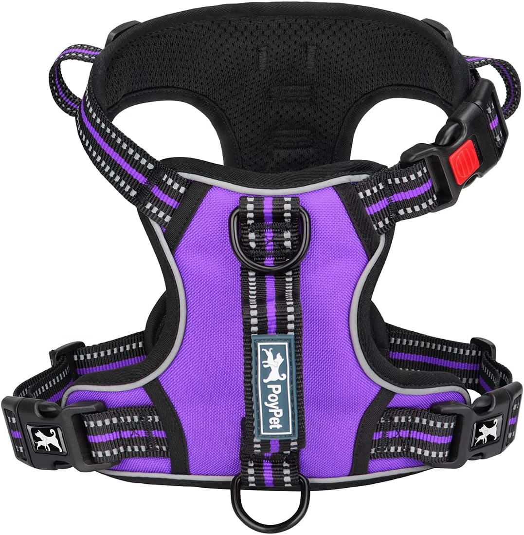 PoyPet No Pull Dog Harness, No Choke Front Clip Reflective Dog Vest with Soft Padded Vertical Handle, 3 Leash Attachments for Small Medium Large Dogs (Purple,M)