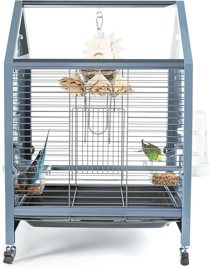 OIIBO Acrylic Bird Cage, 25 Inch Deluxe Rolling Bird Cage with Acrylic Panel Medium Bird Cage Kit with Bird Feeders, Water Bottle, Perch for Parrot Conures Lovebirds Finches Canaries Parakeets