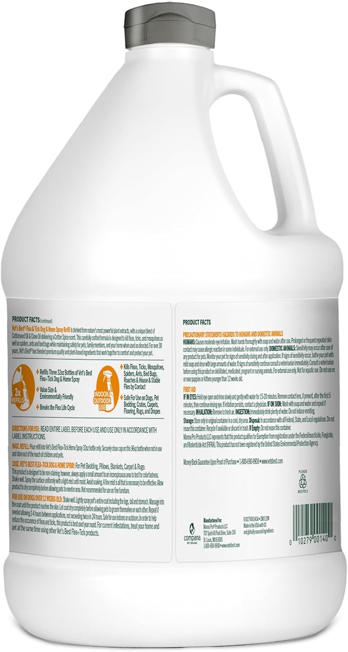 Vet's Best Natural Flea & Tick Home Spray for Dogs – Cotton Spice Scented Indoor Pest Control Spray – Natural Flea & Tick Protection with Certified Plant-Based Ingredients – Made in USA – 96 oz Refill