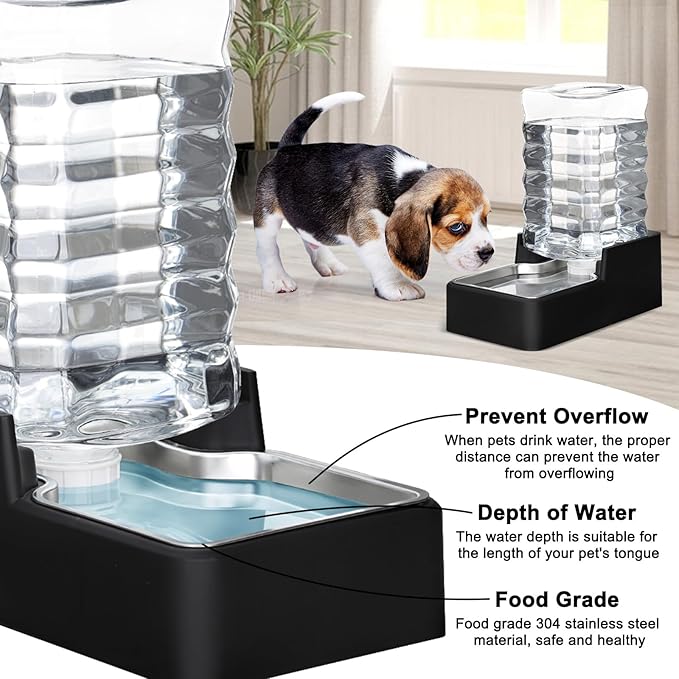 RIZZARI Stainless Steel Pet Water Feeder: 7.5L Black Automatic Leak-Proof Gravity Dispenser - Without Filter - for 20-35LB Senior Dogs with Joint Spine Issues - Bedroom Kitchen