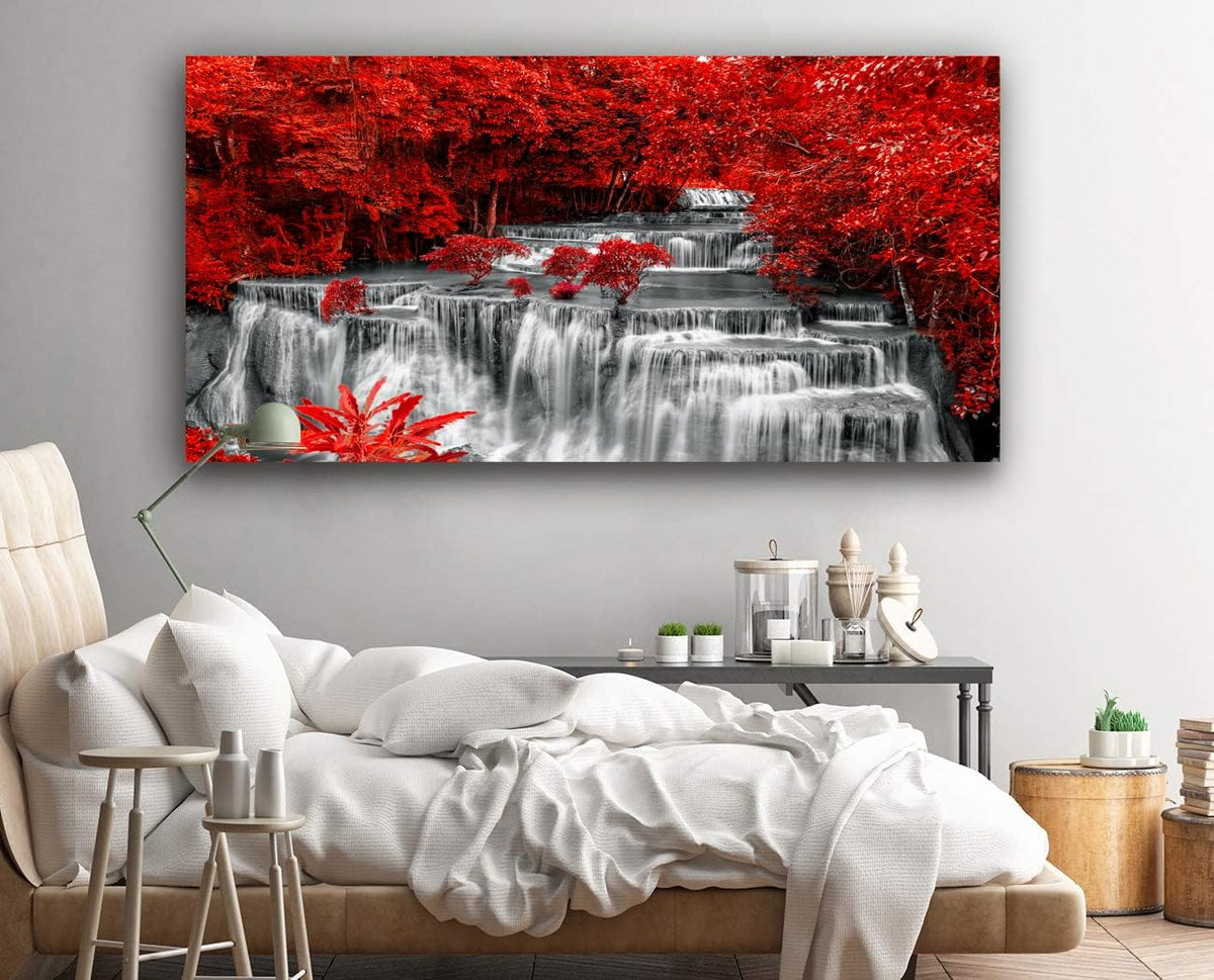 Yxbhhym Large Black and White Decor Waterfall Canvas Wall Art Red Tree Wall Decor Landscape Prints Posters Forest Scenery Paintings for Wall Decoration Bedroom Living Room Décor- Framed Wall Art