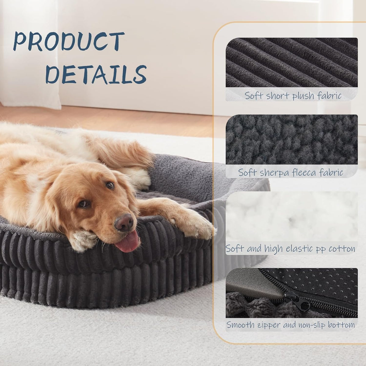 Orthopedic Dog Bed for Large Dogs Breeds, High Density Egg Crate Foam Dog Sofa Beds,Oval Kennel Bed, Pet Couch Bed with Four Sided Bolster, Removable Washable Cover& Non-Slip Bottom