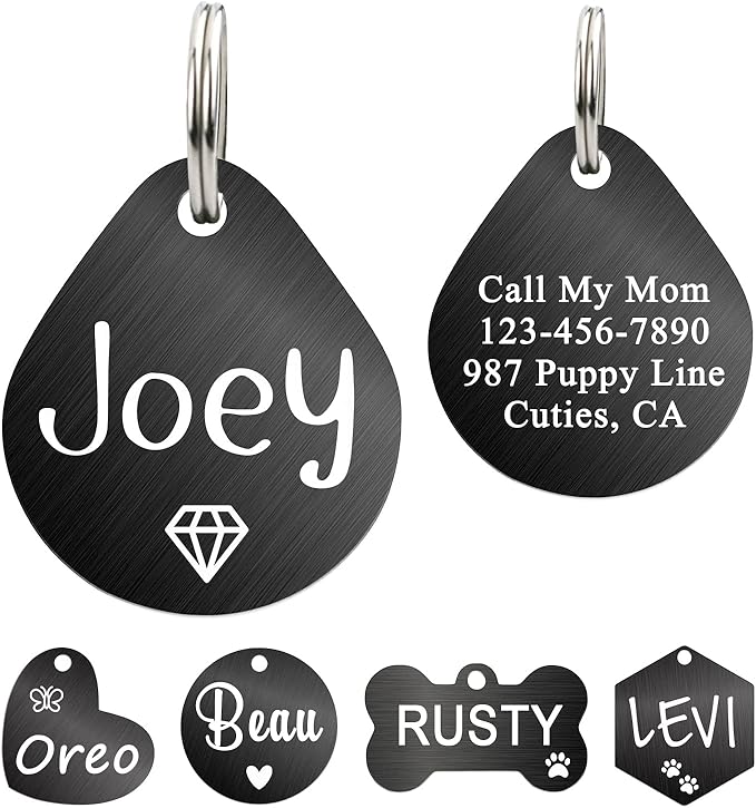 Ultra Joys Dog ID Tag, Custom Dog Tag Personalized Cat Tag, Pet ID Tag, Brushed Stainless Steel Teardrop Dog Tag Black Medium