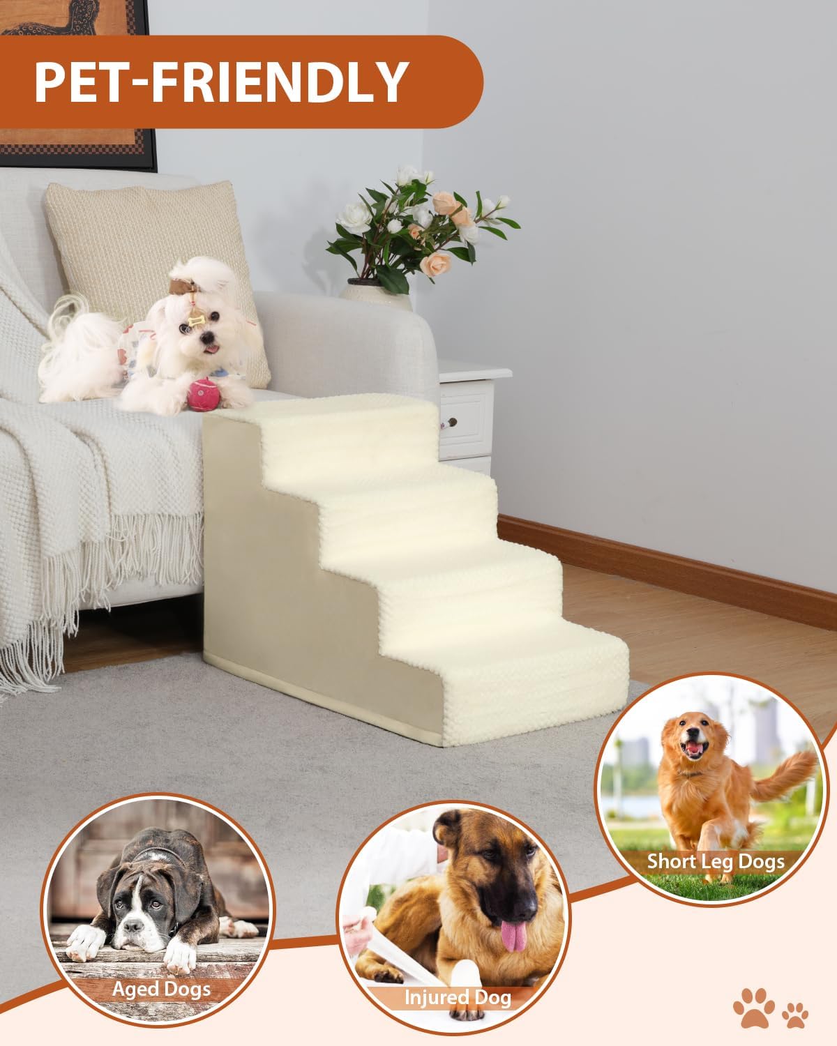 Dog Stairs for Small Dogs,13" H,3-Step Dog Steps for High Bed,Couch,Pet Stairs for Dogs and Cats Climbing with Non-Slip Bottom and Washable Cover,Beige