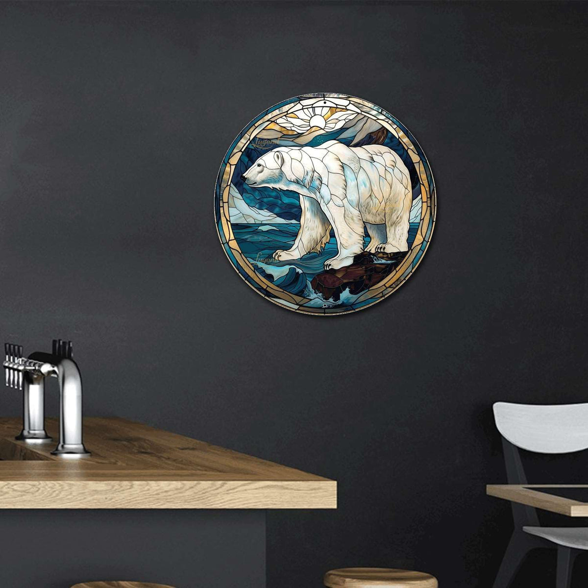 Lygond Metal Tin Sign - Circular Stained Glass Polar Bear Garage Sign For Home Decor - 8x8 Inches