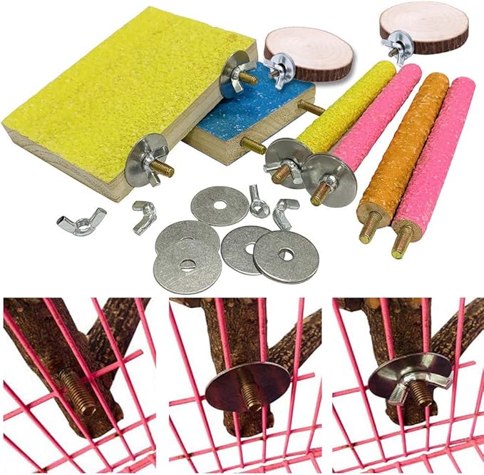 Hamiledyi 8 PCS Bird Perch Stand Toy Wood Parrot Paw Grinding Stick Perch Stand Platform Parakeet Cage Accessories Exercise Toys for Budgies Cockatiel Conure