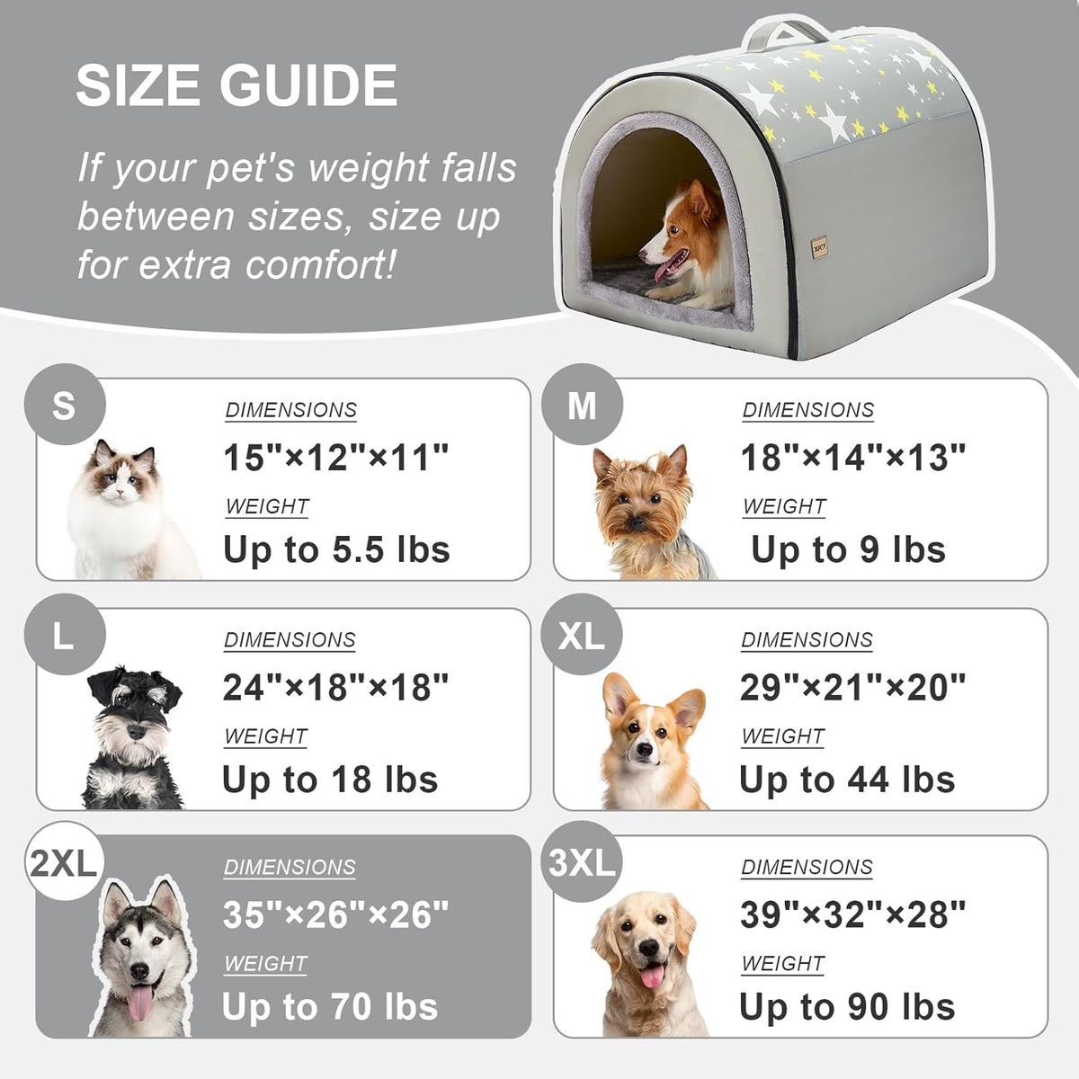 Jiupety 2 in 1 Dog House Indoor, Comfy Cave Bed Covered Dog Bed, Portable House for Medium and Large Dogs, 2XL(35"×27"×26"), Up to 70 Lb, Grey