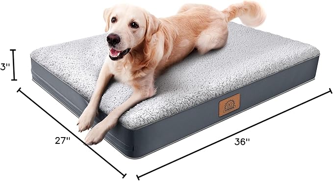 Sunheir Orthopedic Dog Bed for Large Dogs and Extra Large Dogs, XL Waterproof Dog Bed with Removable Washable Cover & Anti-Slip Bottom, Crate Bed, Deluxe Plush Pet Bed Mat, L-Plus(36"X27"X3"), Grey