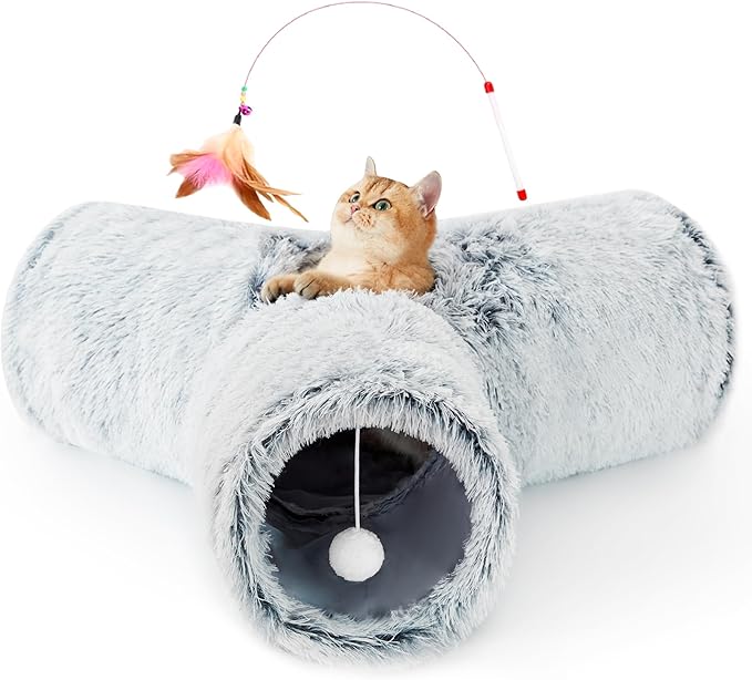Tempcore Plush Pet Cat Tunnel Tube Cat Toys 3 Way Collapsible, Tunnels for Indoor Cats，Kitty Tunnel Bored Pet Toys Peek Hole Toy Ball Puppy, Kitty, Kitten, Rabbit Light Grey